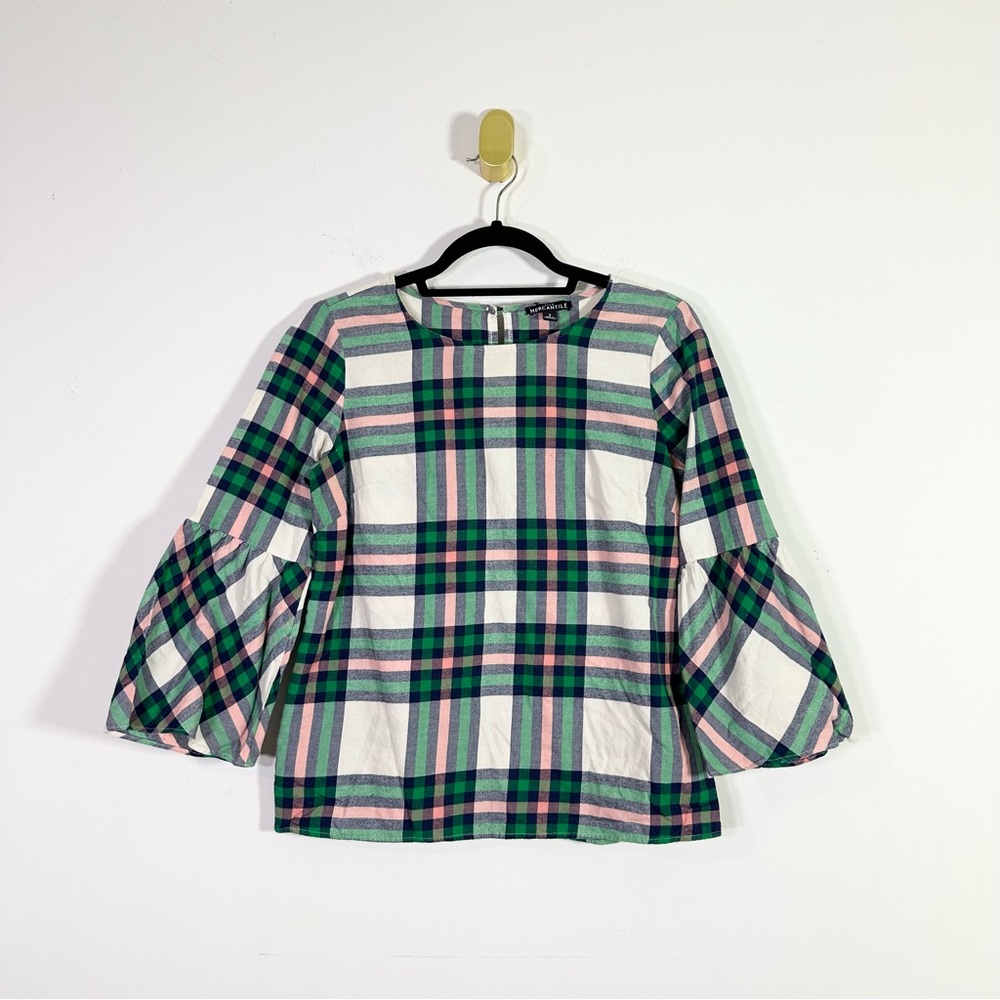 J. Crew Mercantile Green Pink Plaid Crewneck 3/4 Sleeve Cotton Top